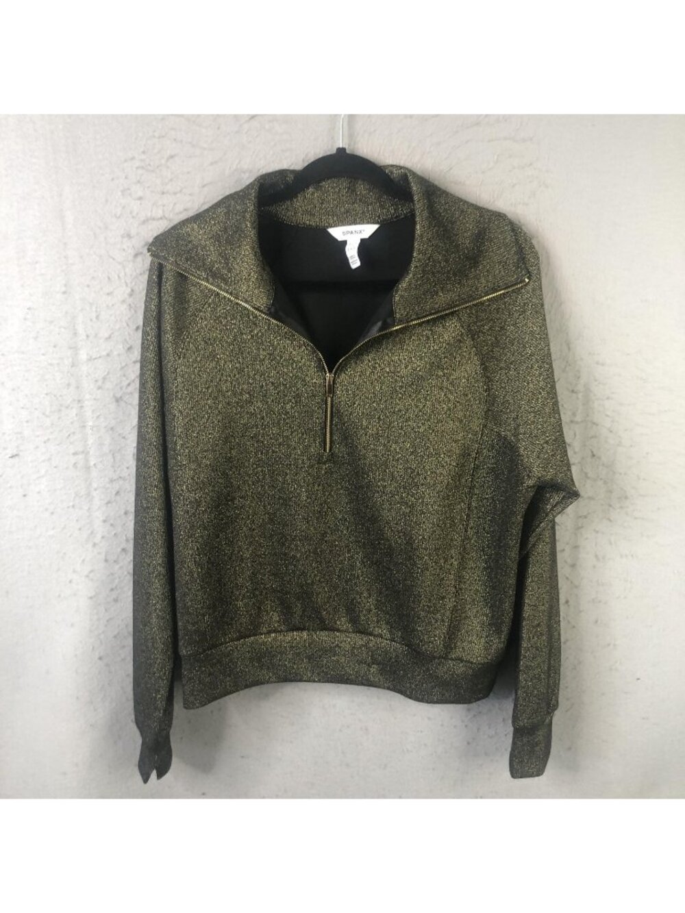 Spanx Sweatshirt Womens L Gold Metallic Pullover 1/4 Zip High Neck Stretch Knit